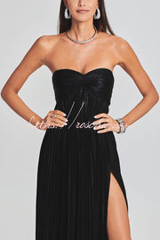 Metallic Pleated Off-Shoulder High Slit Maxi Dress