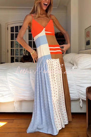 Color-Block Polka Dot Print Pleated Maxi Dress