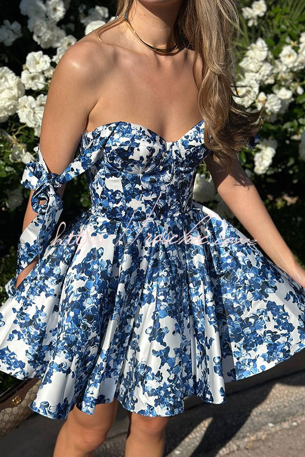 Floral Print Bow Strap Sweetheart Mini Dress