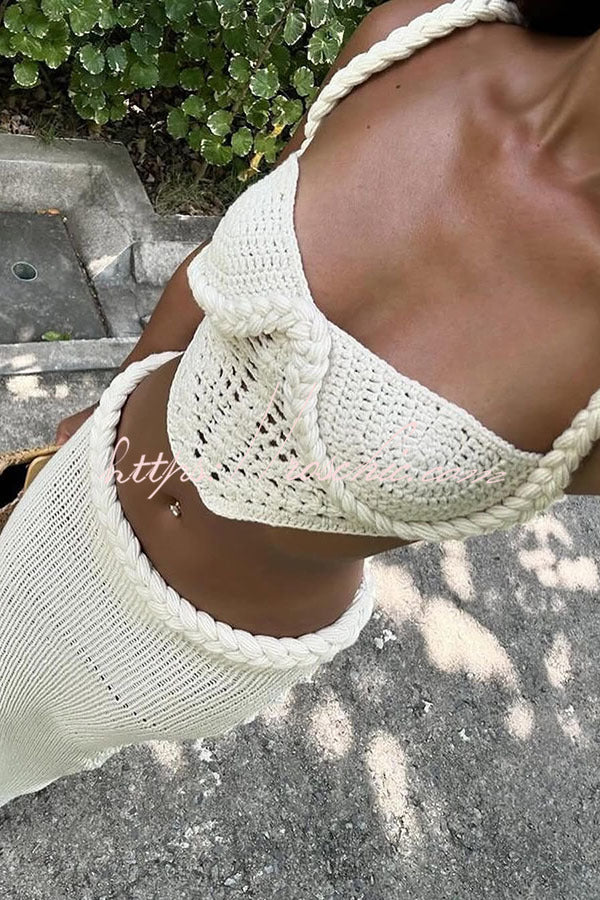 Crochet Knit Crop Tank Top with V-Hem & Braid Detail