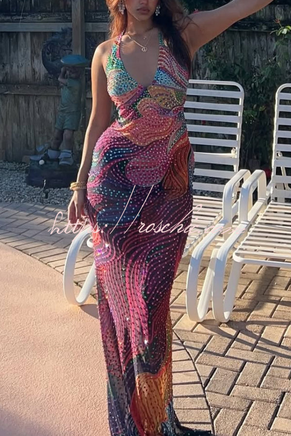 Colorful Printed Halter Neck Sleeveless Slim-Fit Maxi Dress
