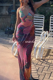 Colorful Printed Halter Neck Sleeveless Slim-Fit Maxi Dress