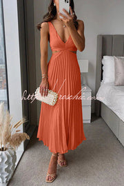 Satin Pleated Cutout Waist Sleeveless Midi Dress