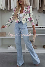 Floral Print Crop Blazer with Lapel & Long Sleeves