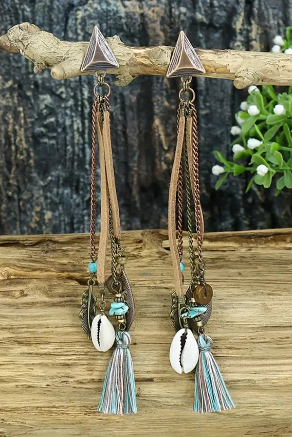 Retro Tassel Shell Leaf Drop Earrings with Long Fringe