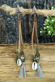 Retro Tassel Shell Leaf Drop Earrings with Long Fringe