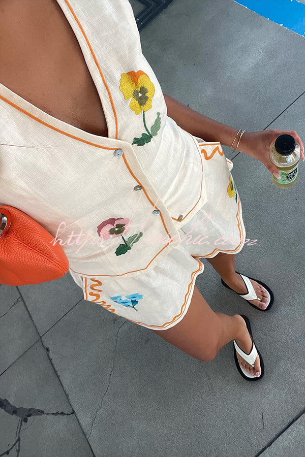 Floral Linen Blend Button Vest & Shorts Set