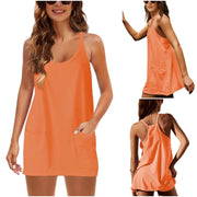 UANEO Women's Summer Sleeveless Mini Dress V Neck Spaghetti Straps Athletic Built-in Shorts Sundress SummerVibes