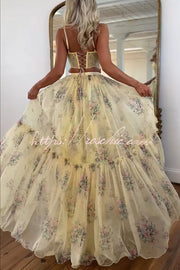Satin Bow Lace-Back Crop Tank & Tulle Maxi Skirt Set