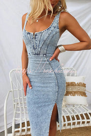 Denim Midi Dress with Adjustable Straps & Zip-Up Front