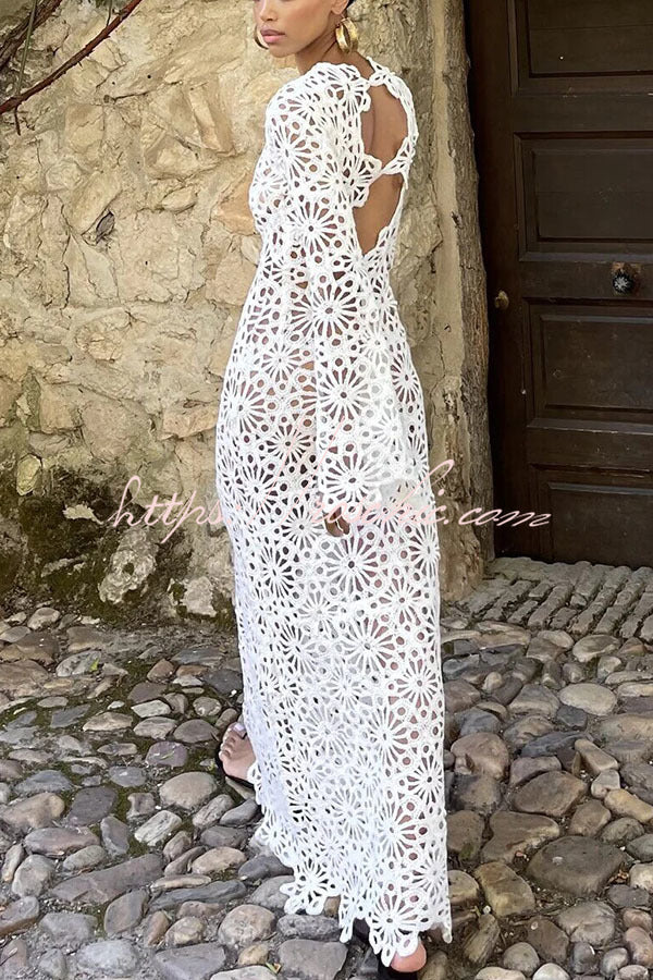 Crochet Knit Cutout Maxi Dress – Reversible Long Sleeve