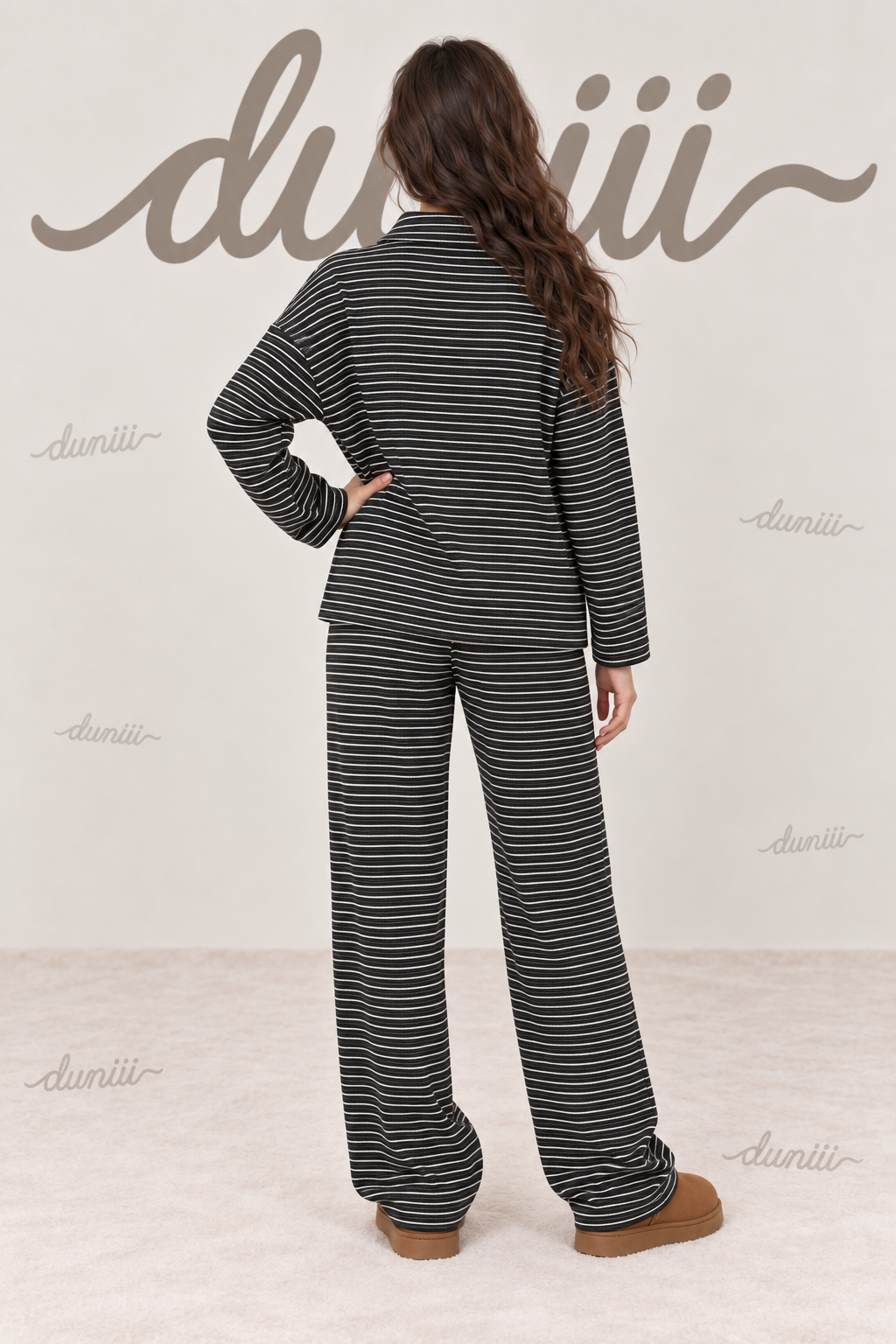 Duniii Striped V-Neck Long Sleeve Lounge Set