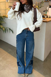 Jean en denim à jambe large pour femme avec poches à imprimé étoiles