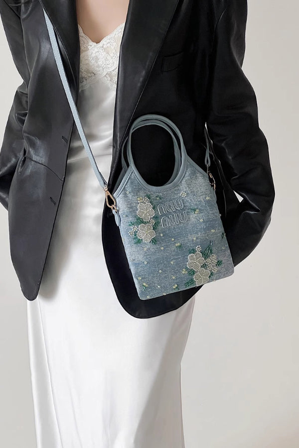 Floral Embroidered Denim Tote Bag with Shoulder Strap