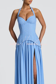 Crepe Lace Bodice Halter Chiffon Pleated Maxi Dress