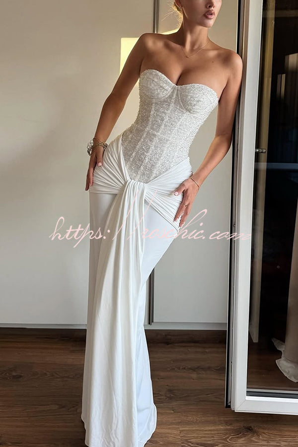 Sequined Satin Jersey Off-Shoulder Ruched Maxi Dress