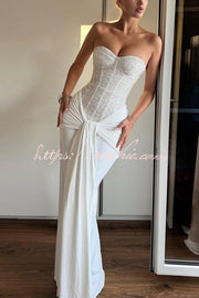 Sequined Satin Jersey Off-Shoulder Ruched Maxi Dress