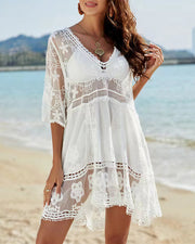 Crochet Lace Bikini Cover Up with Tassels, V-Neck