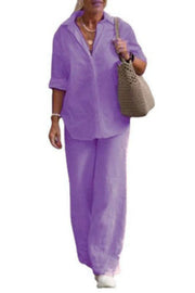 Knit Long Sleeve Shirt & Wide-Leg Pants Set – Casual Loose Fit