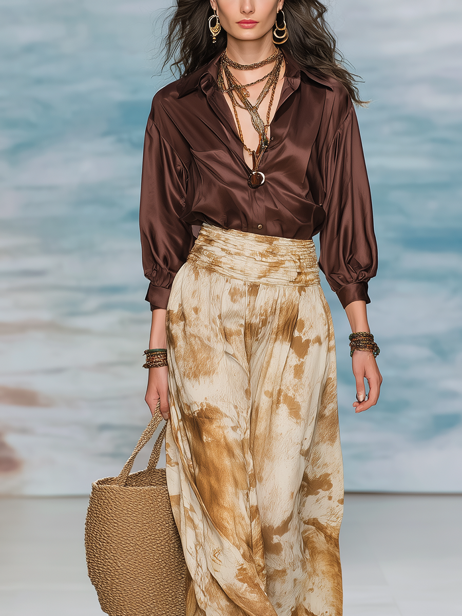 Brown Satin Skirt Set – Bohemian Two-Piece Shirt & Midi