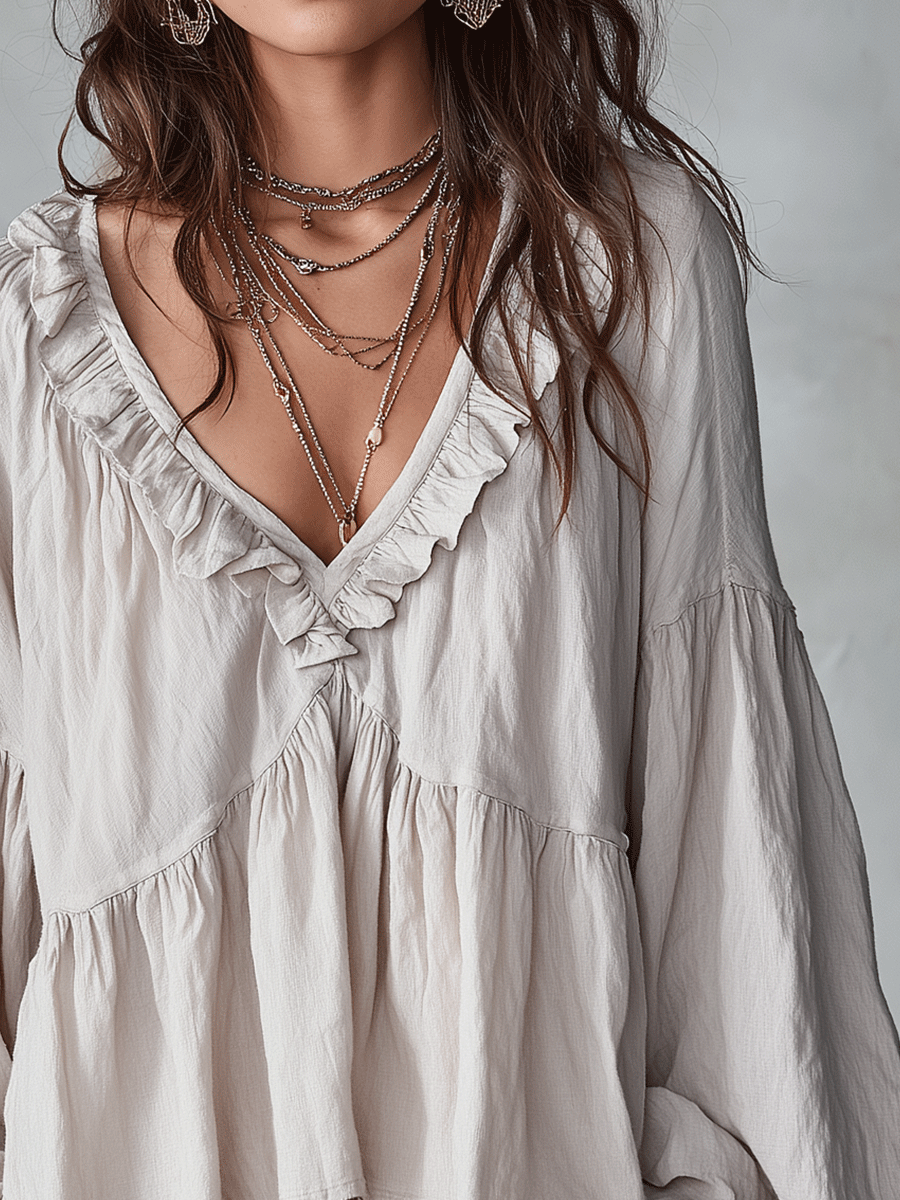 Vintage-Inspired Ruffle Blouse with Long Sleeves