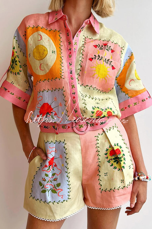 Linen Blend Printed Short Sleeve Shirt & Belted Shorts Set