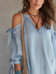 Bohemian Tie-Front Cotton Long Sleeve Blouse in Gray-Blue
