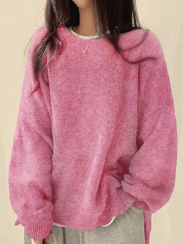 Women's Drop Shoulder Split Hem Sweater, Casual Long Sleeve Round Neck Jumper, Women's Knitwear Top for Fall & Winter, Sweaters for Women