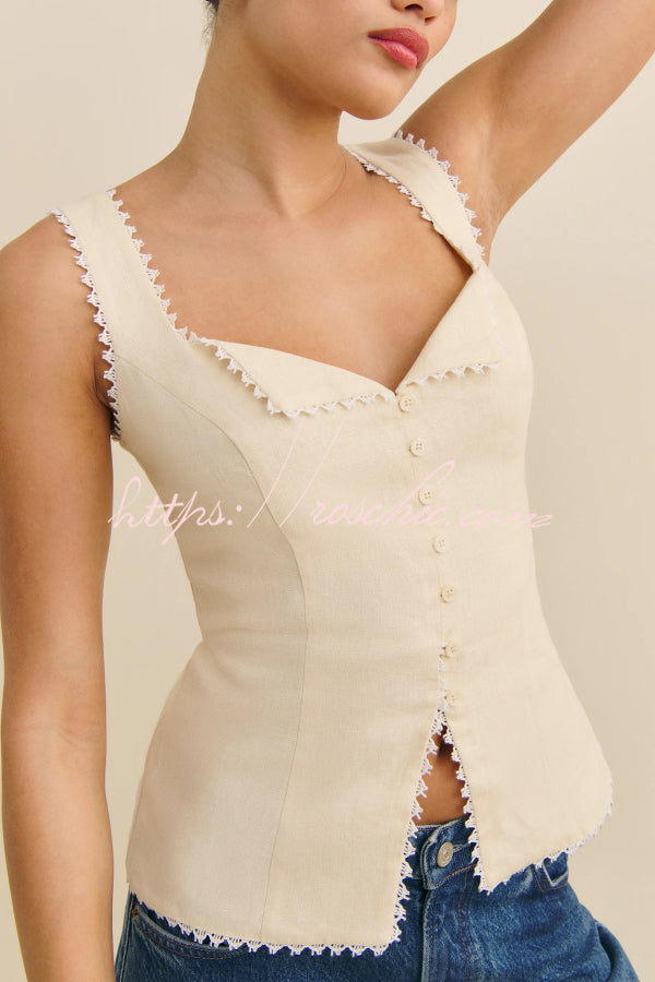 Gilet sans manches à col en V et bordure en dentelle | Coupe slim en mélange de lin