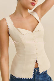 Gilet sans manches à col en V et bordure en dentelle | Coupe slim en mélange de lin