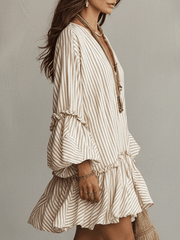 Ruffled Boho Mini Dress in Sand Stripe | Long Sleeve