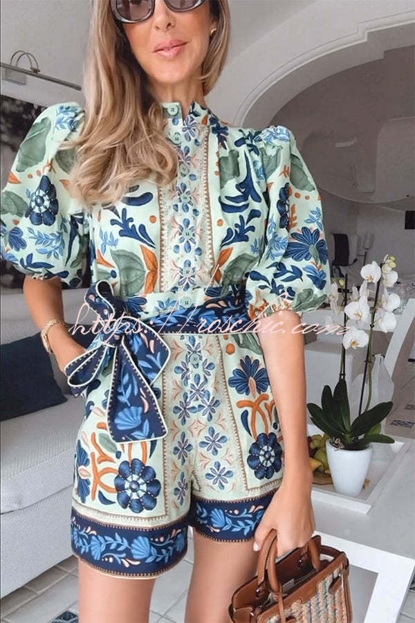 Puff Sleeve Romper i linnedblanding med lommer og unikt print