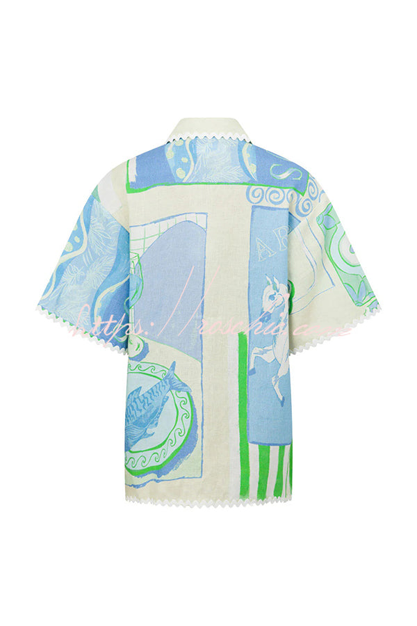Linen Blend Ric Rac Trim Printed Shirt & Wrap Mini Skirt Set