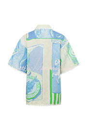Linen Blend Ric Rac Trim Printed Shirt & Wrap Mini Skirt Set