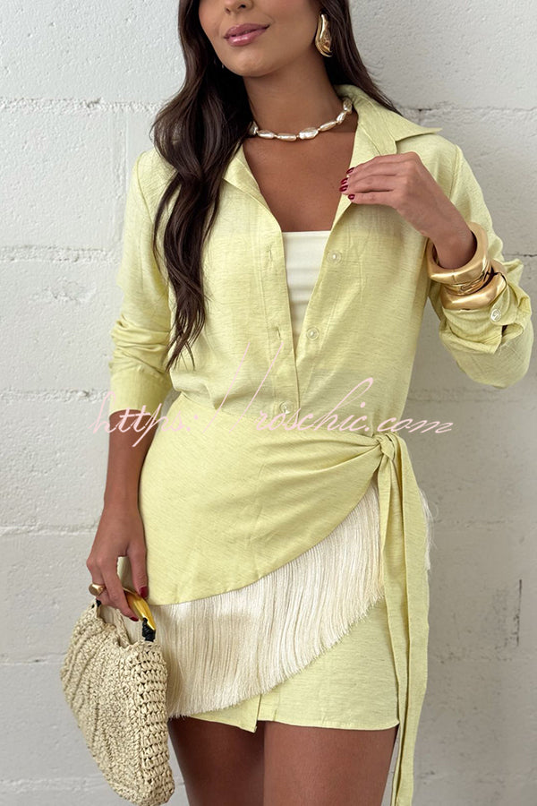 Linen Blend Blouse & Tassel Mini Dress Cover-Up Set