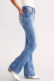 Embroidered High-Waisted Stretch Jeans with Double Button