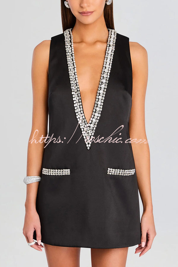 Satin Deep V-Neck Mini Dress with Gemstone Trim