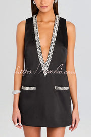 Satin Deep V-Neck Mini Dress with Gemstone Trim