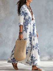 Blue Floral Button-Down Maxi Dress – Boho Vacation Style