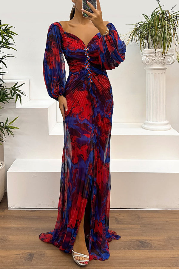Off Shoulder Printed Pleated Maxi Dress with Diamond Detail