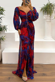Off Shoulder Printed Pleated Maxi Dress with Diamond Detail