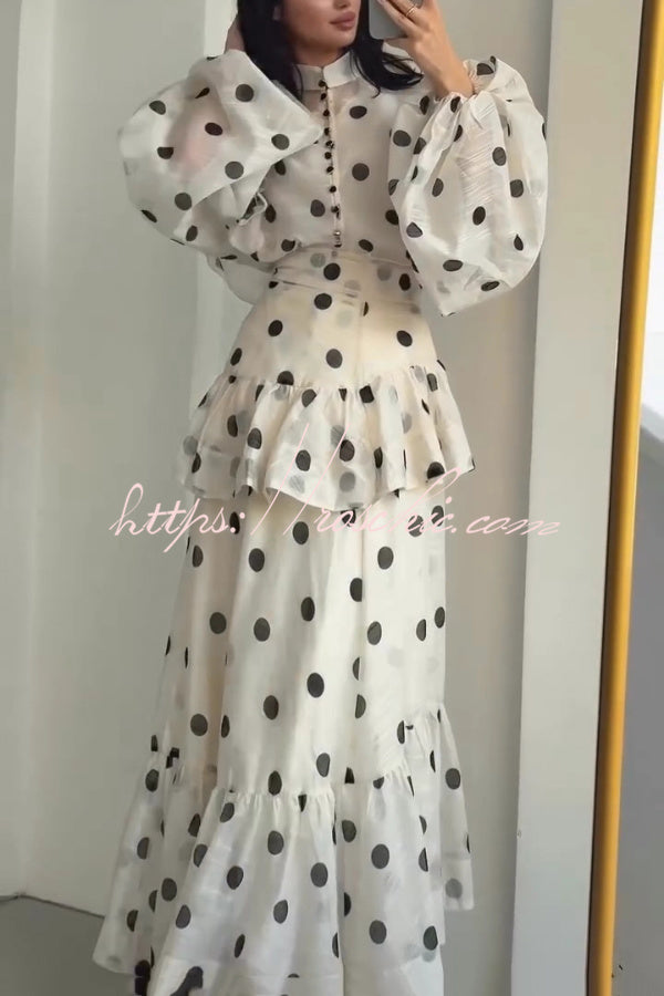 Polka Dot Ruffle Maxi Dress with Stand Collar