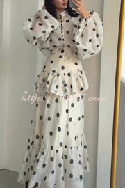 Polka Dot Ruffle Maxi Dress with Stand Collar
