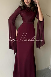 Ruched Organza Satin Patchwork Maxi Dress with Bell Sleeves