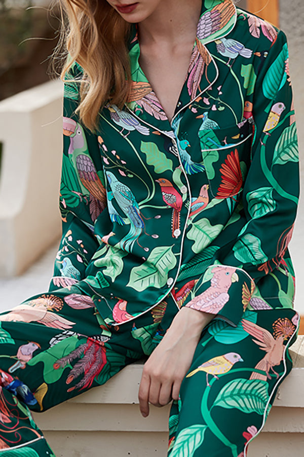 Green Parrot Print Long Sleeve Two-Piece Lounge Set