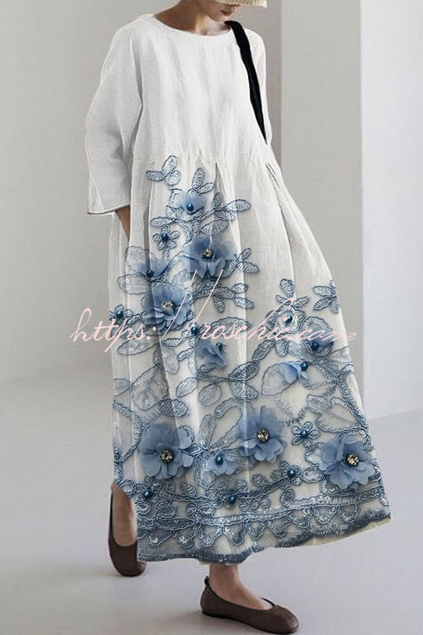 Robe Maxi Imprimée - Col Rond Manches Longues Coupe Ample