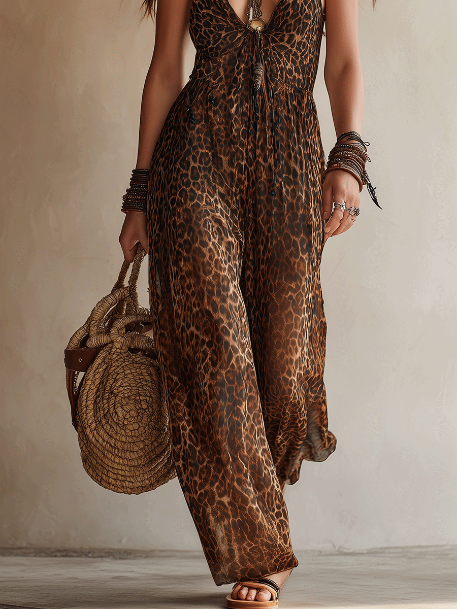 Leopard Print Halter Wide-Leg Jumpsuit – Boho Flowy Fit