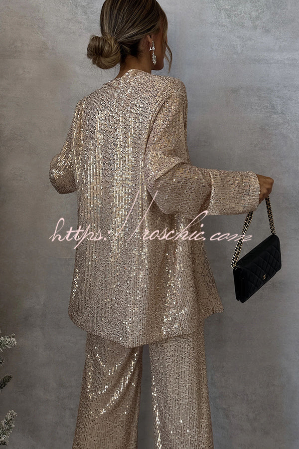 Sequin Open Front Long Sleeve Drape Coat