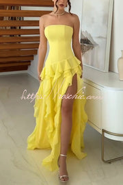 Off-Shoulder Maxi Dress with High Slit and Ruffle Detail
