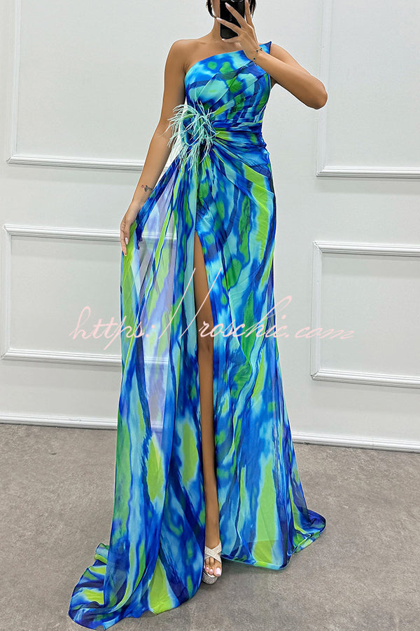 Watercolor Feather Print Off-Shoulder Chiffon Maxi Dress